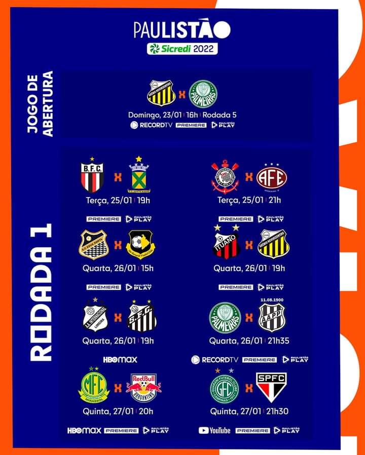 Federação Paulista divulga tabela do Paulistão de 2022; veja os jogos da  primeira rodada Gazeta Hoje